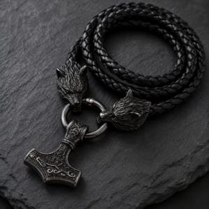 Lanț cu Pandantiv Ciocanul lui Thor – Model Viking Negru