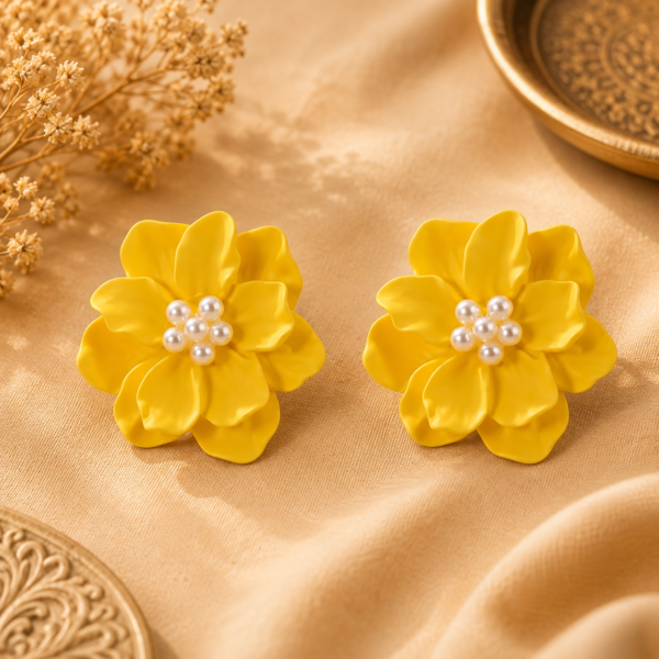 Cercei Flori Galbene cu Perle – Design Floral Elegant Cercei Flori Galbene cu Perle – Design Floral Elegant