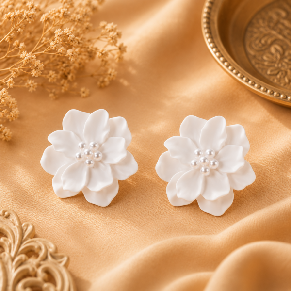 Cercei Flori Albe cu Perle – Design Floral Elegant Cercei Flori Albe cu Perle – Design Floral Elegant