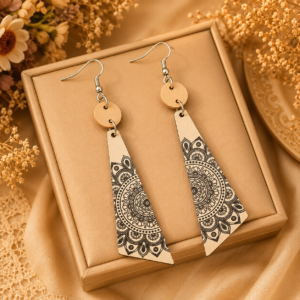 Cercei Boho din Lemn cu Model Mandala – Design Geometric