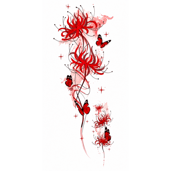 Tatuaj Temporar Floral cu Fluturi Roșii – Design Colorat Tatuaj Temporar Floral cu Fluturi Roșii – Design Colorat